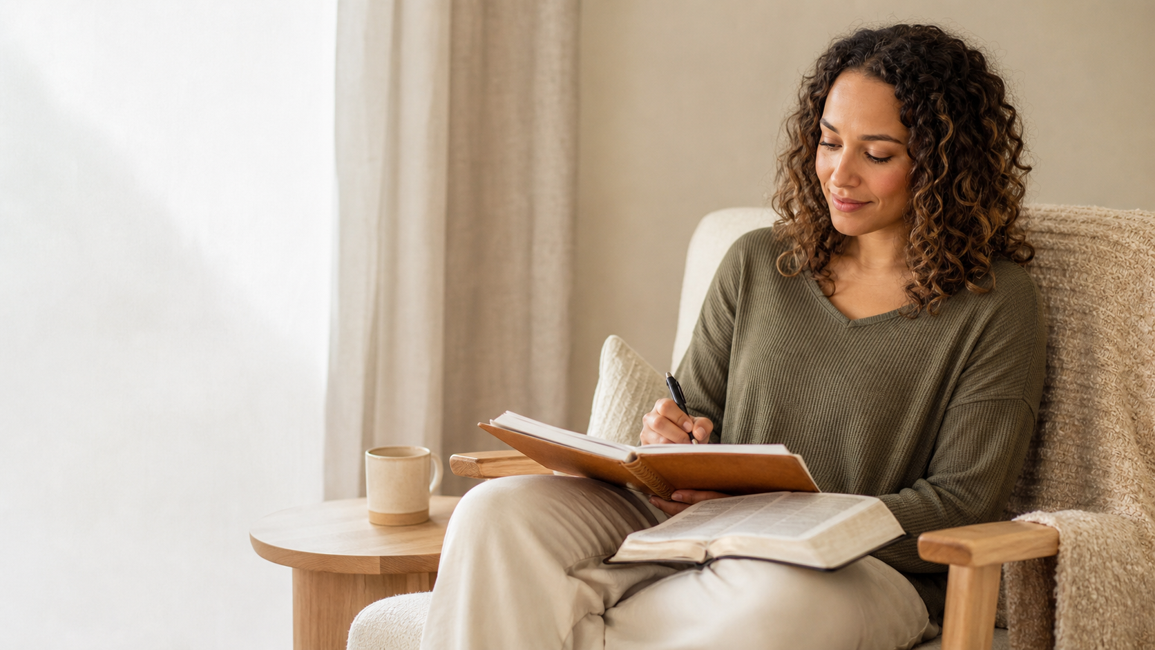 A woman following a guided devotional
