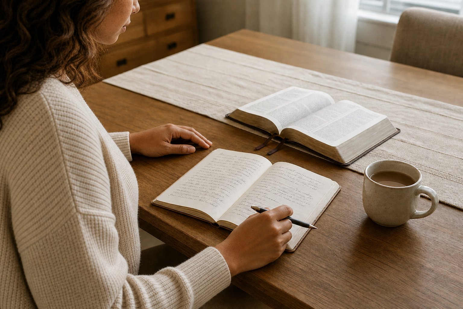 A woman reflecting with her Bible and devotional journal