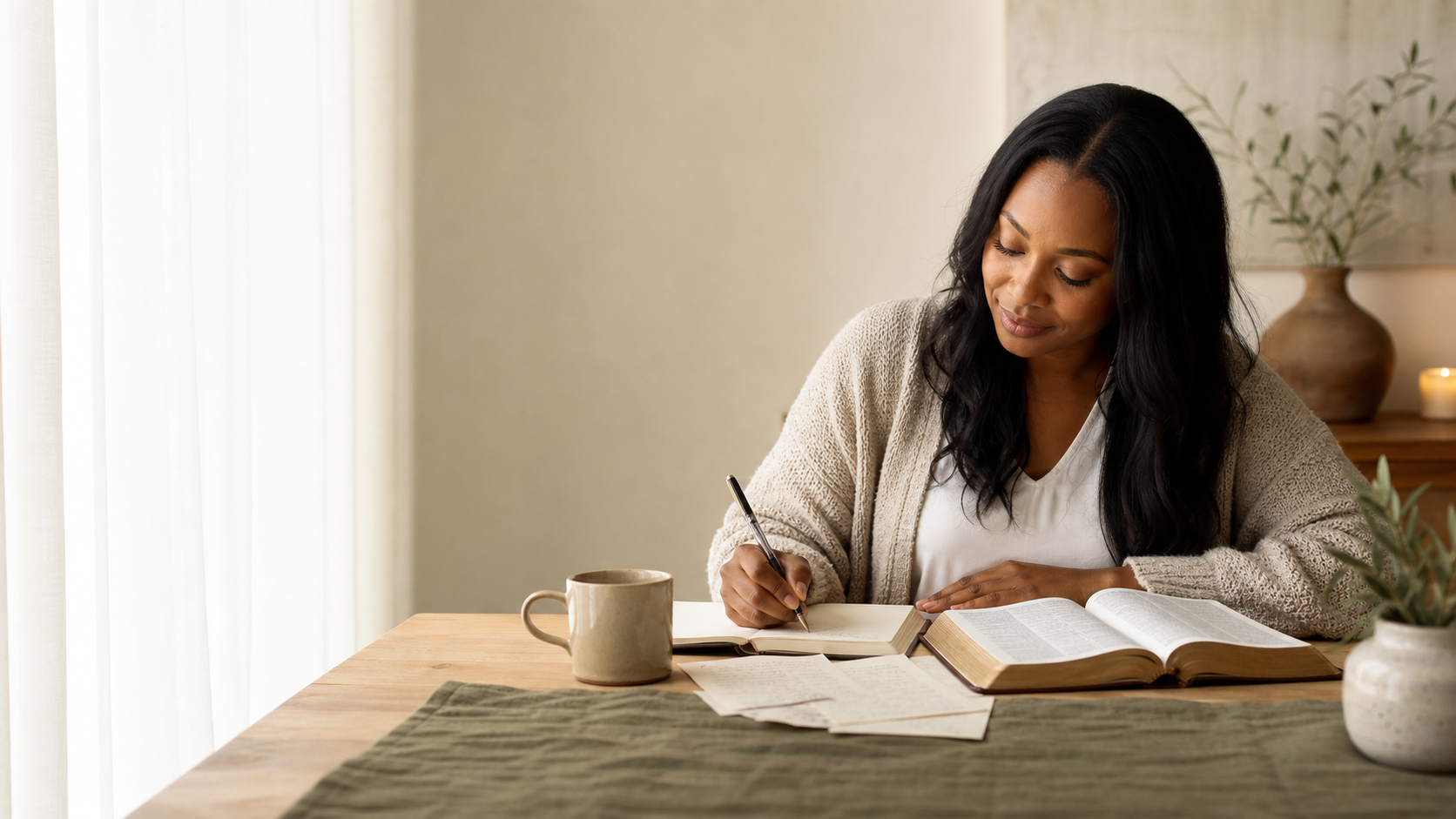 A woman journaling beside an open Bible