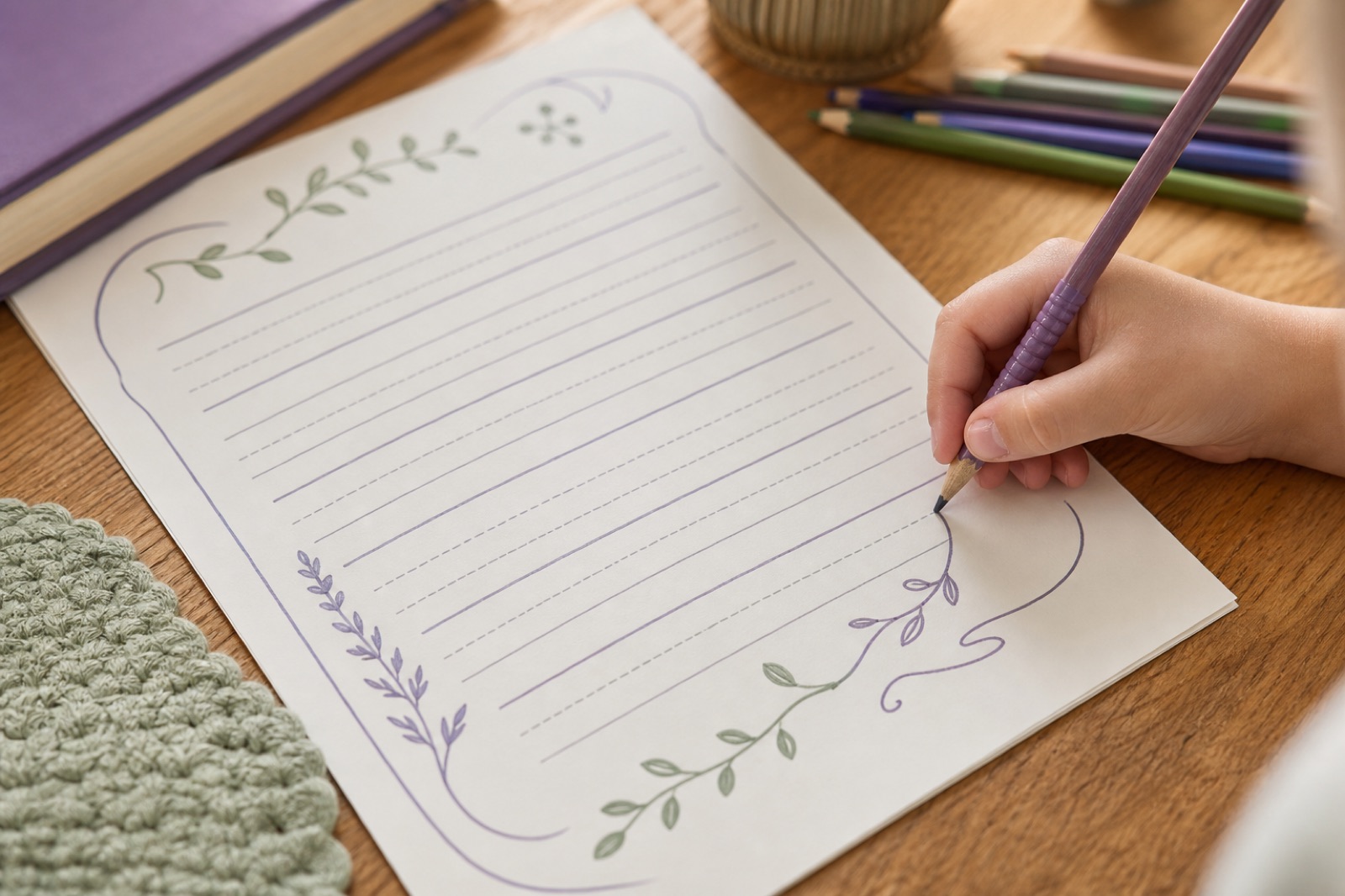A child finishing a decorative lined handwriting page at a warm wooden desk.