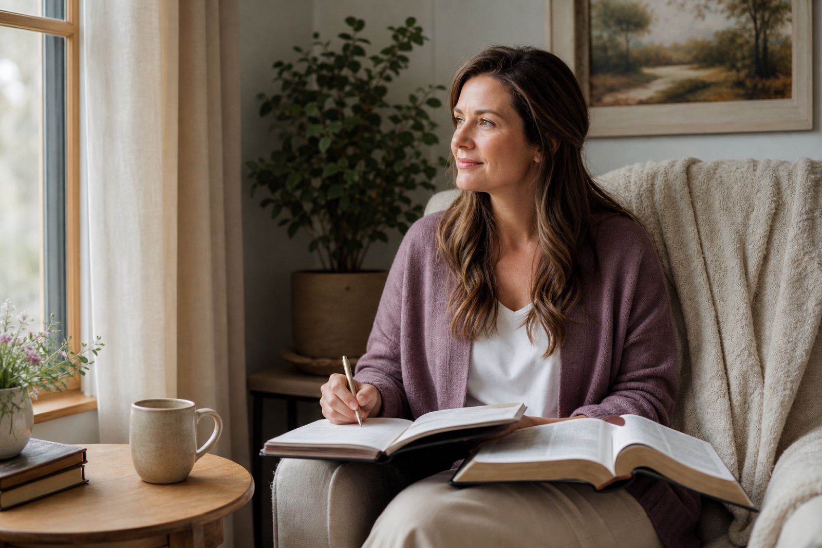 A woman sitting peacefully near a window with an open Bible and devotional journal.