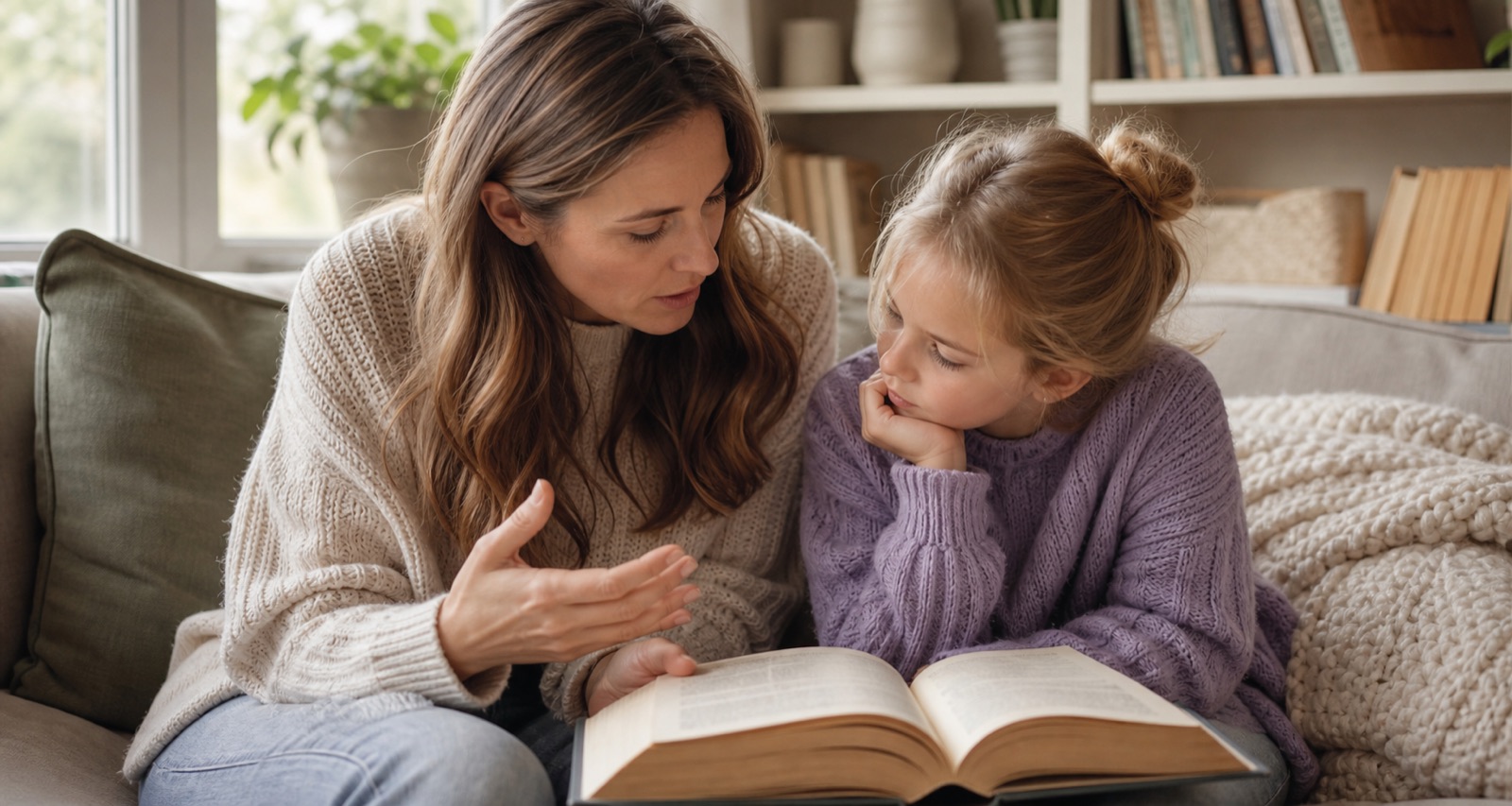 A mother and daughter pausing to discuss an open book during read-aloud time.