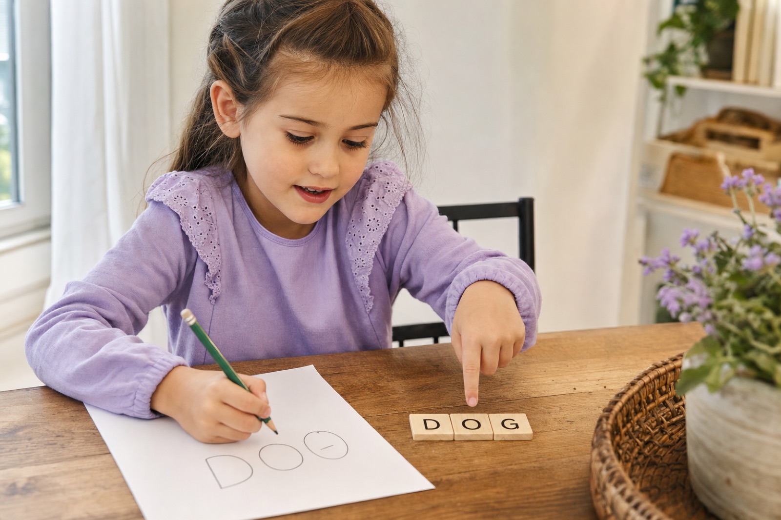 A child sounding out and writing the word dog beside matching wooden letter tiles.