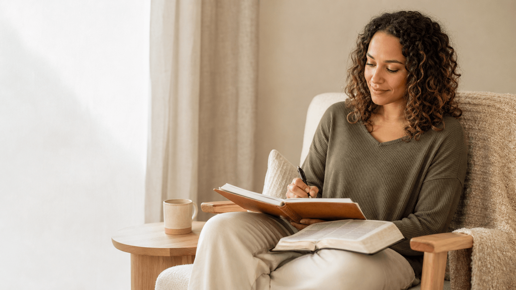 Guided devotionals shown with an open Bible and journal