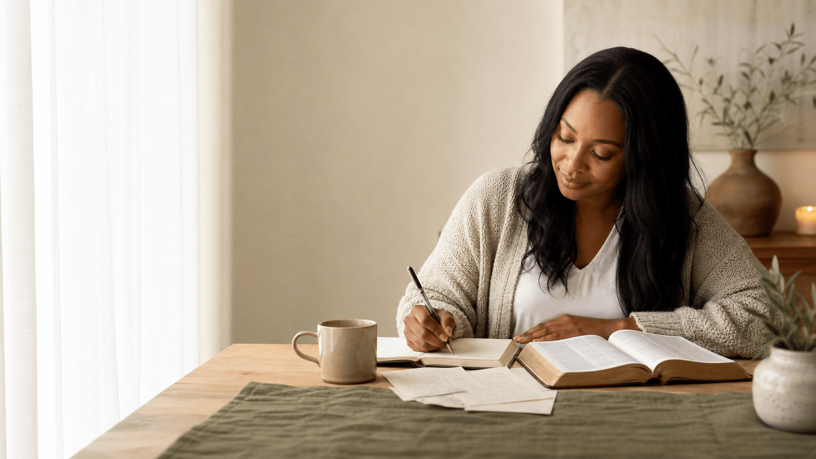 A woman writing in her journal beside an open Bible