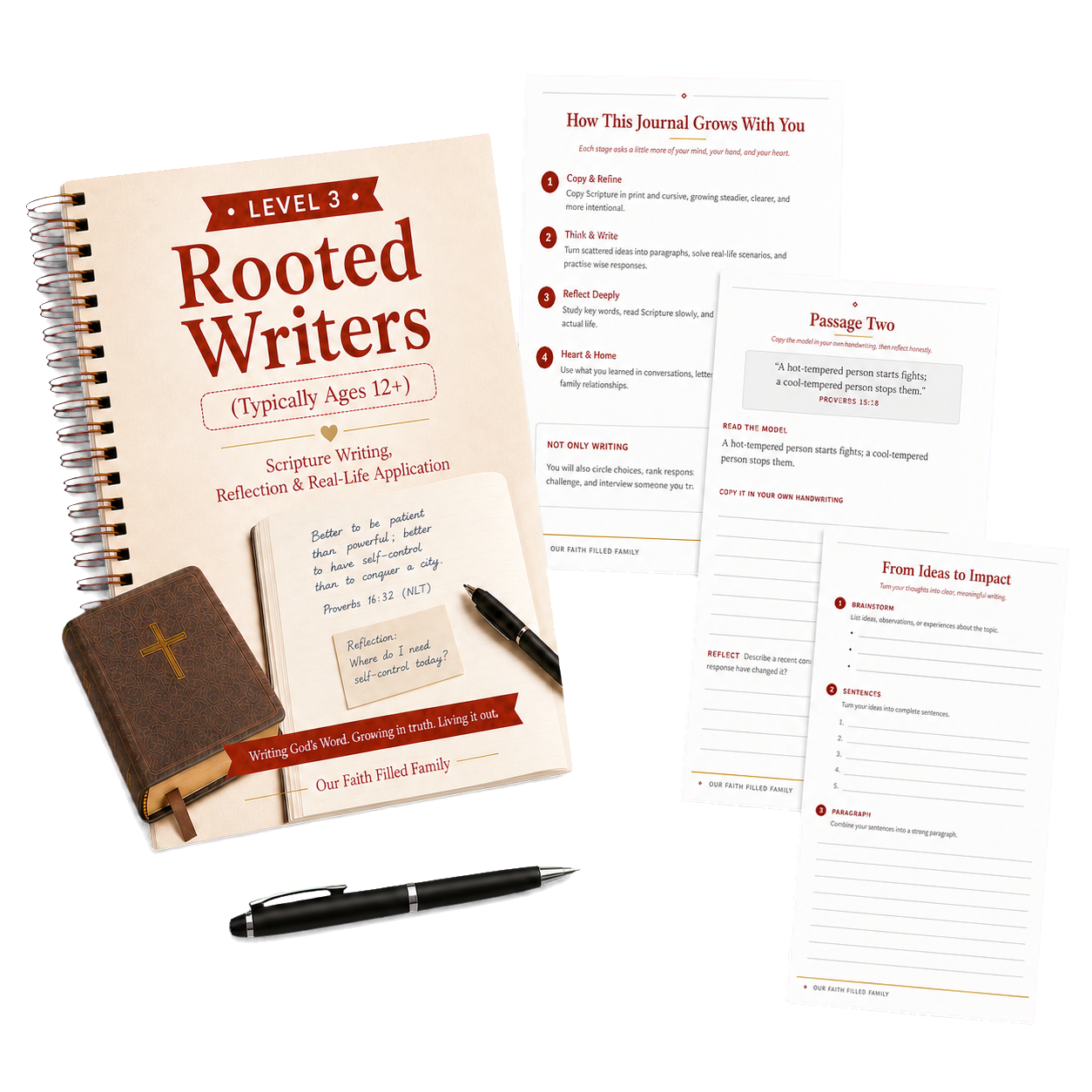 Rooted Writers spiral workbook with crisp white reflection and structured-writing pages