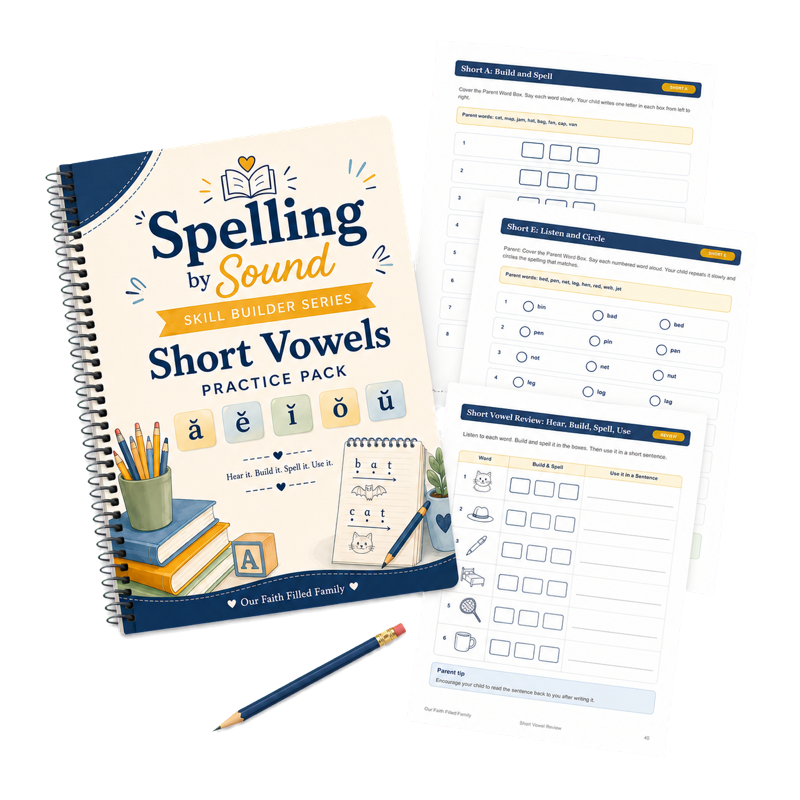 Spelling by Sound Skill Builder 01 cover with short-vowel worksheet pages