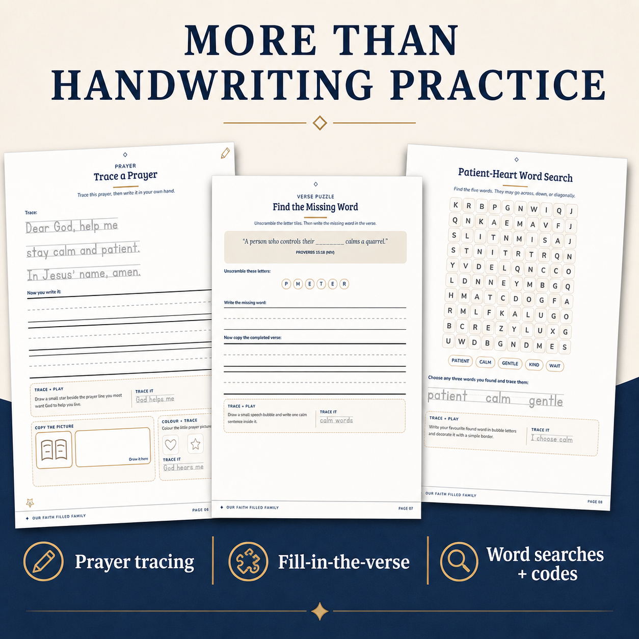 Growing Writers prayer tracing, verse puzzles, and word-search activities