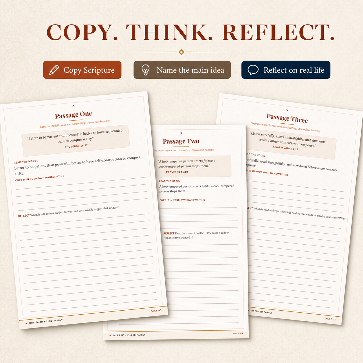 The original Rooted Writers listing image with three real copy, think, and reflect pages