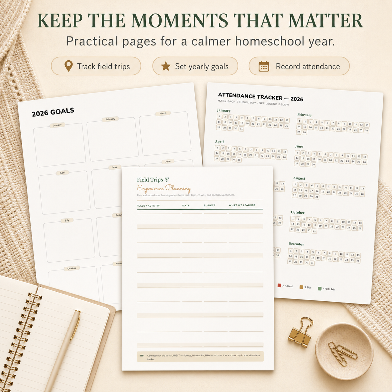 Homeschool planner field trip, attendance, and practical record pages