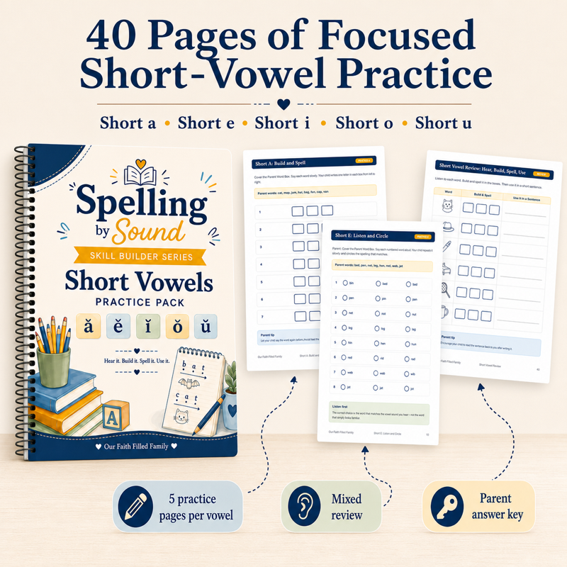 Forty pages of focused short-vowel practice across all five vowels